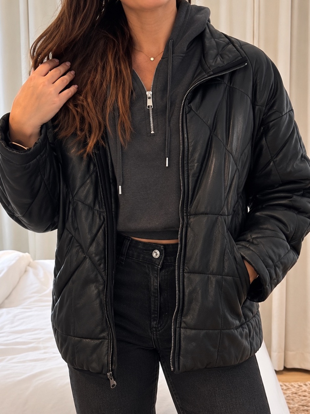 We The Free Black Vegan Leather Quilted Puffer Jacket Oversized Size S